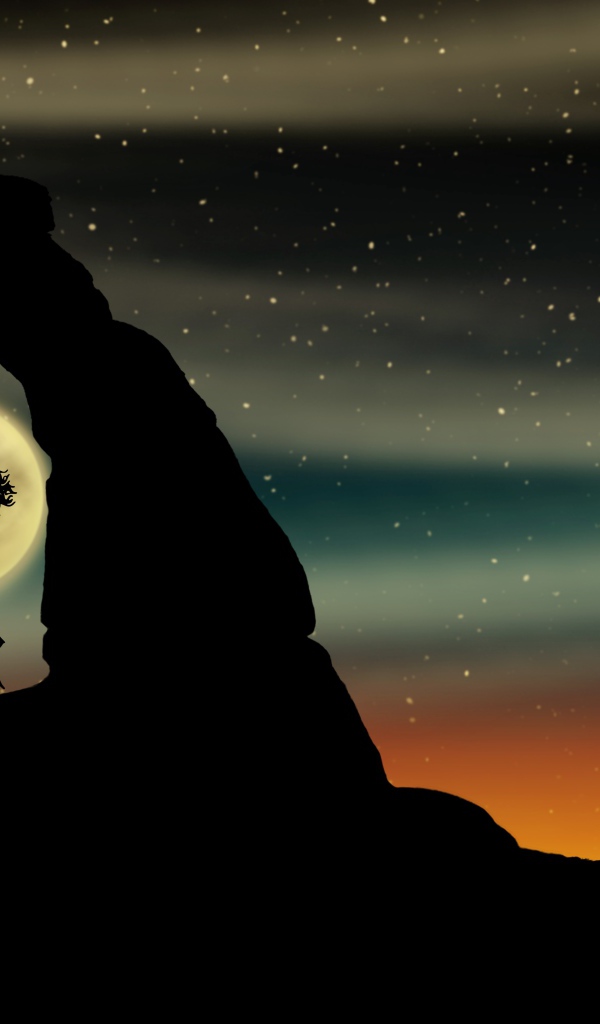 Поцелуй влюбленной пары в горах на фоне луны