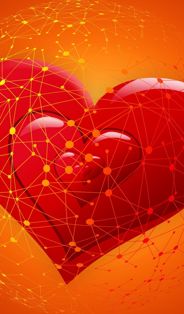 Красное сердце во всемирной паутине на оранжевом фоне