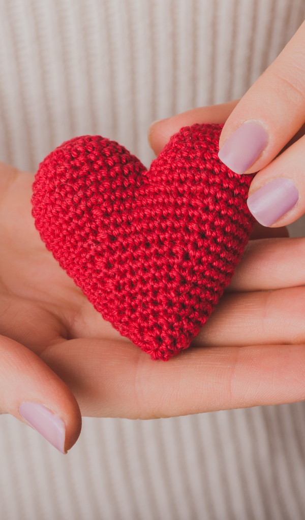 Red knitted heart in the hands of a girl