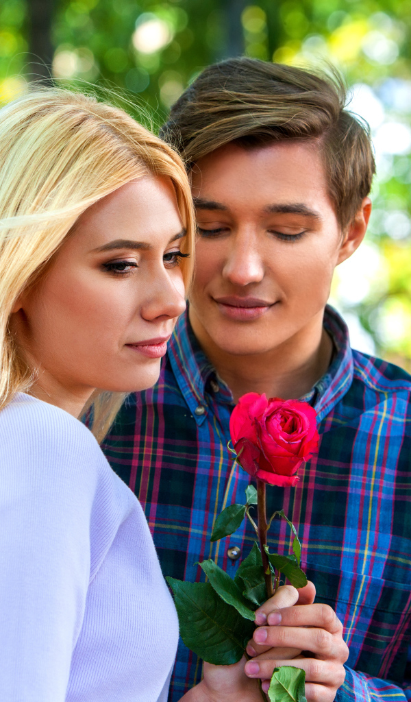 Влюбленный парень дарит девушке розу 