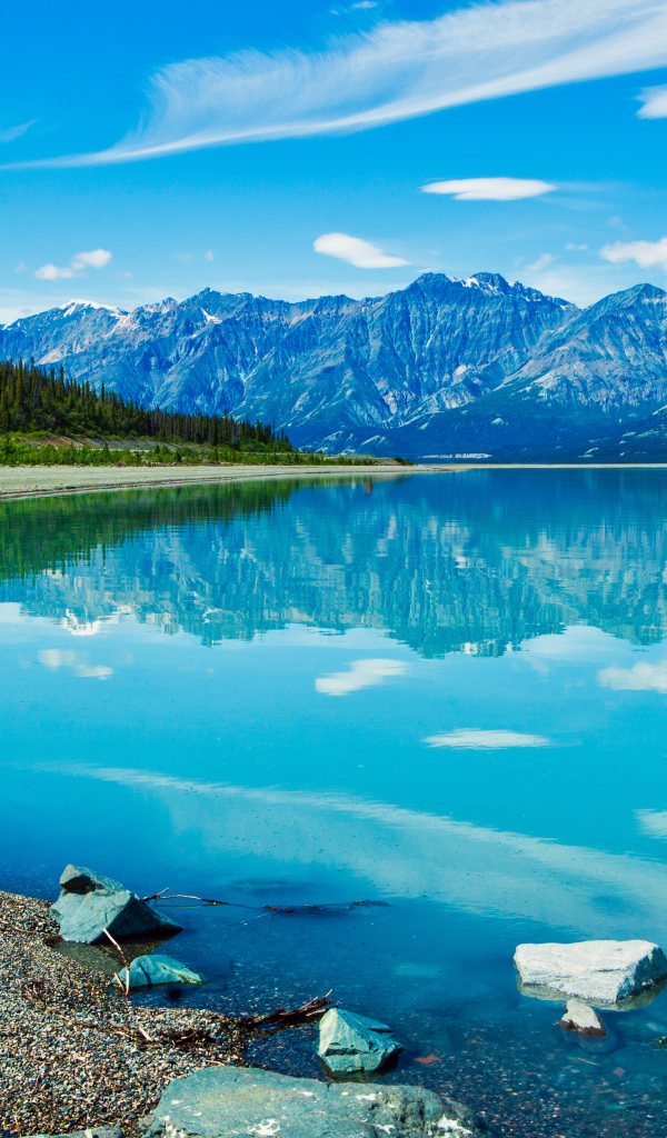 Красивое голубое озеро у заснеженных гор