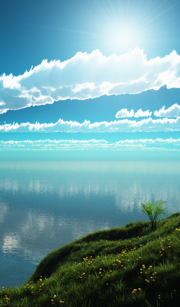 Красивые белые облака в солнечном небе над озером