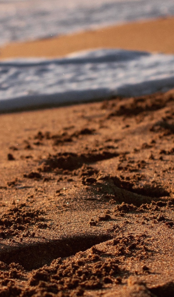 Следы на мокром морском песке с белой пеной