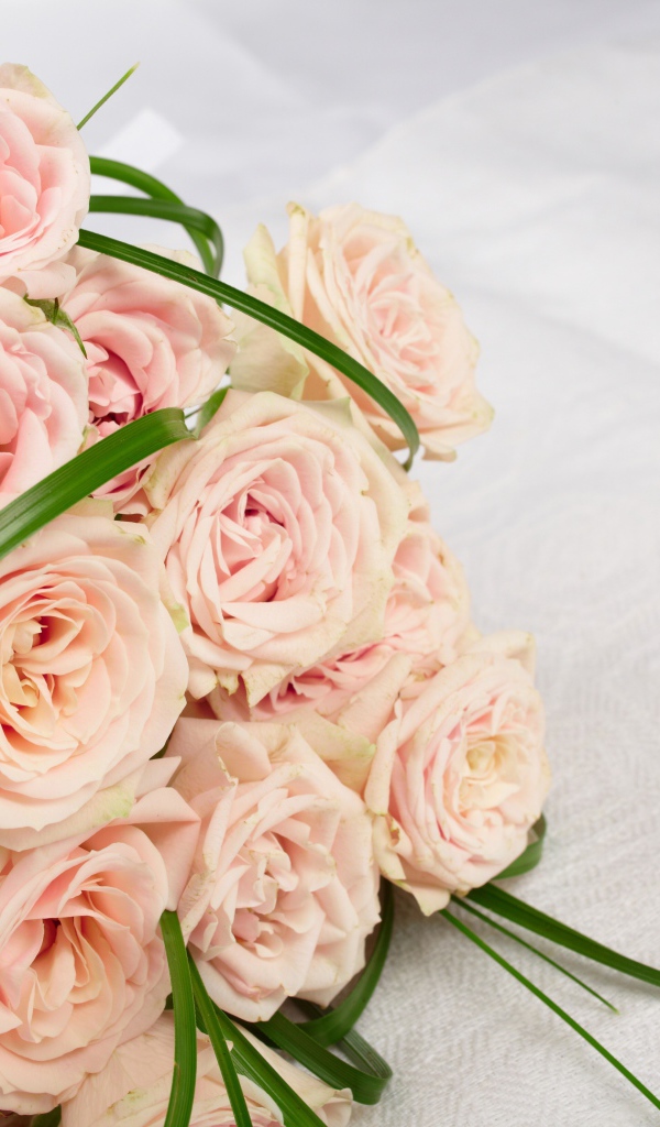 Букет розовых роз на белом покрывале 