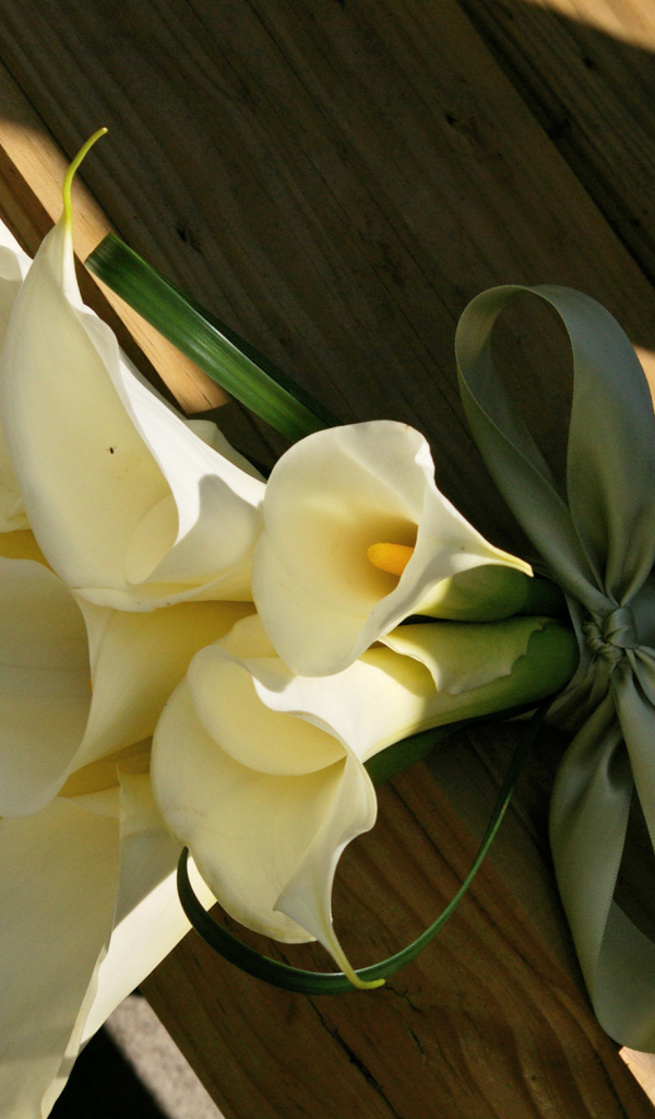 Букет белых калл на деревянной лавке