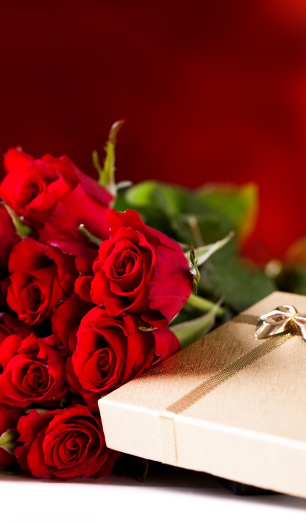 Большой букет красных роз с подарком