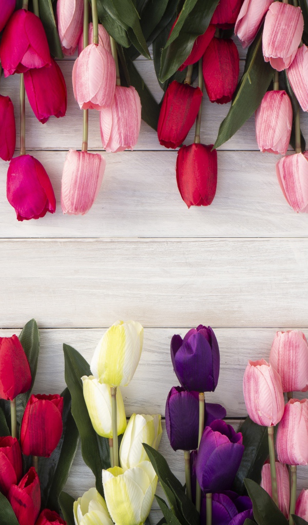 Искусственные разноцветные тюльпаны на деревянной поверхности
