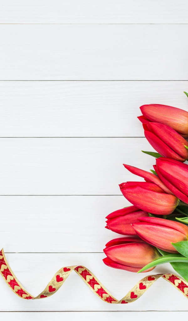 Букет красных тюльпанов с лентой на сером фоне