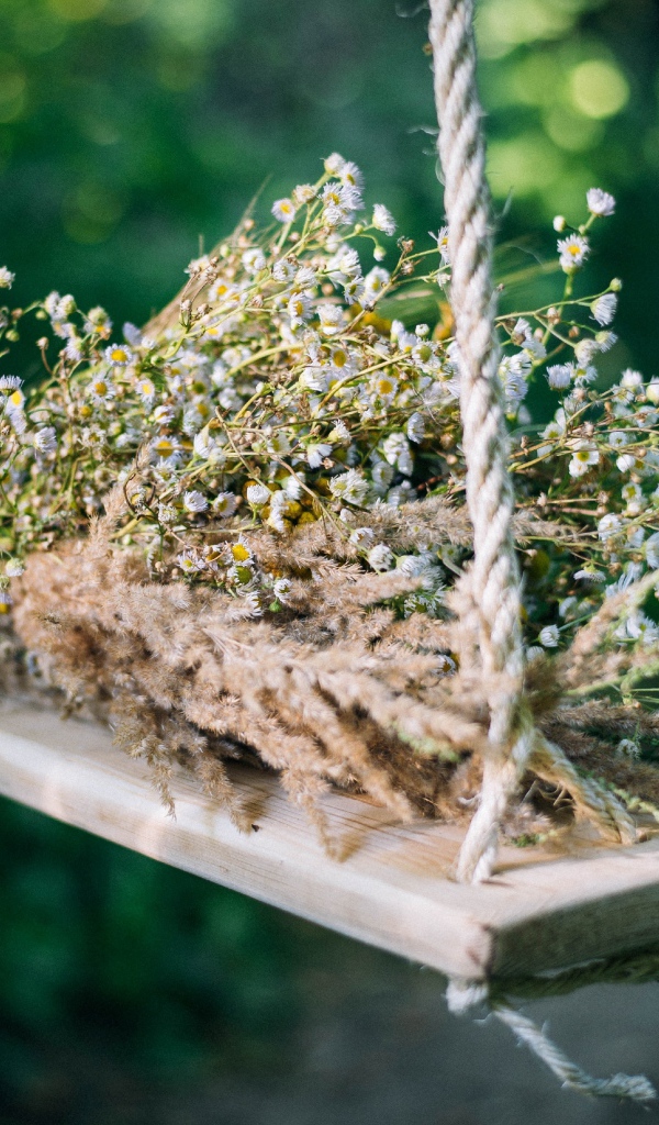 Букет полевых цветов на лежат на качели