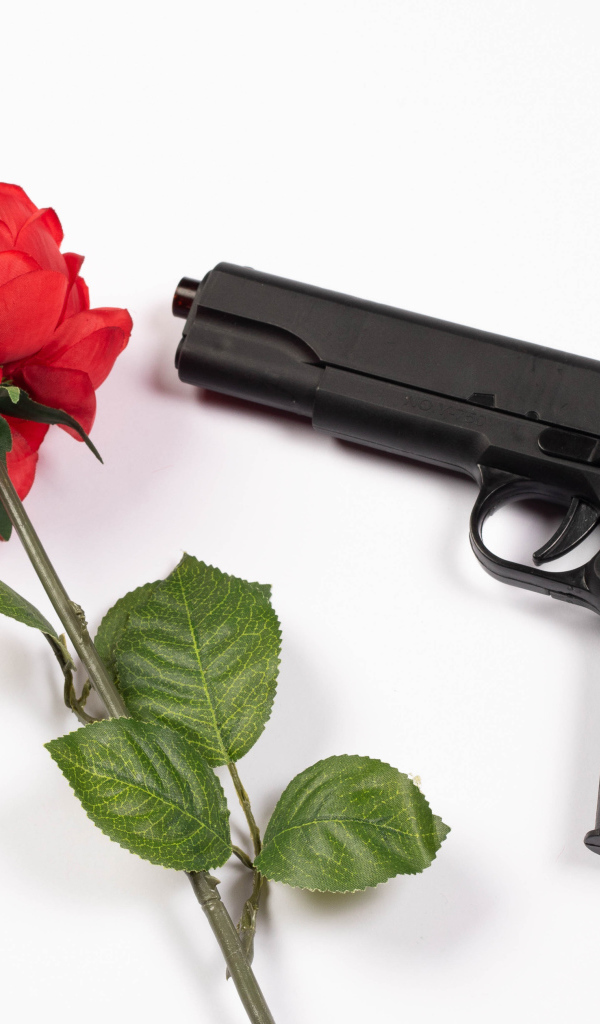 Красная роза и черный пистолет на белом фоне