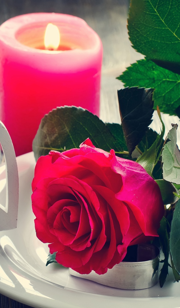 Красная роза на белой тарелке с сердечками на столе с зажженными свечами