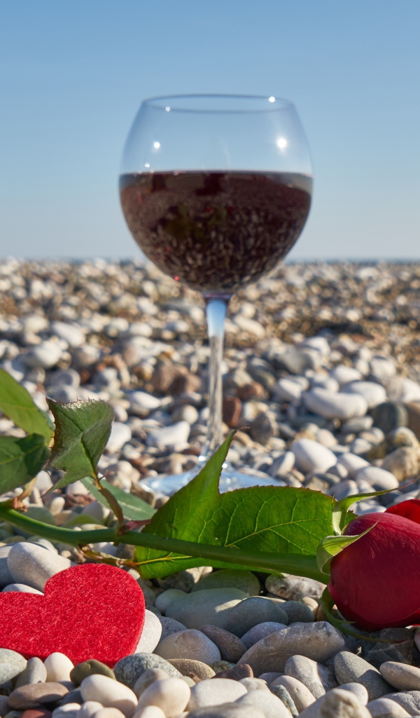 Красная роза на морской гальке с сердечком и бокалом вина