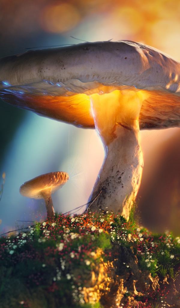 Паук висит на паутине на грибе