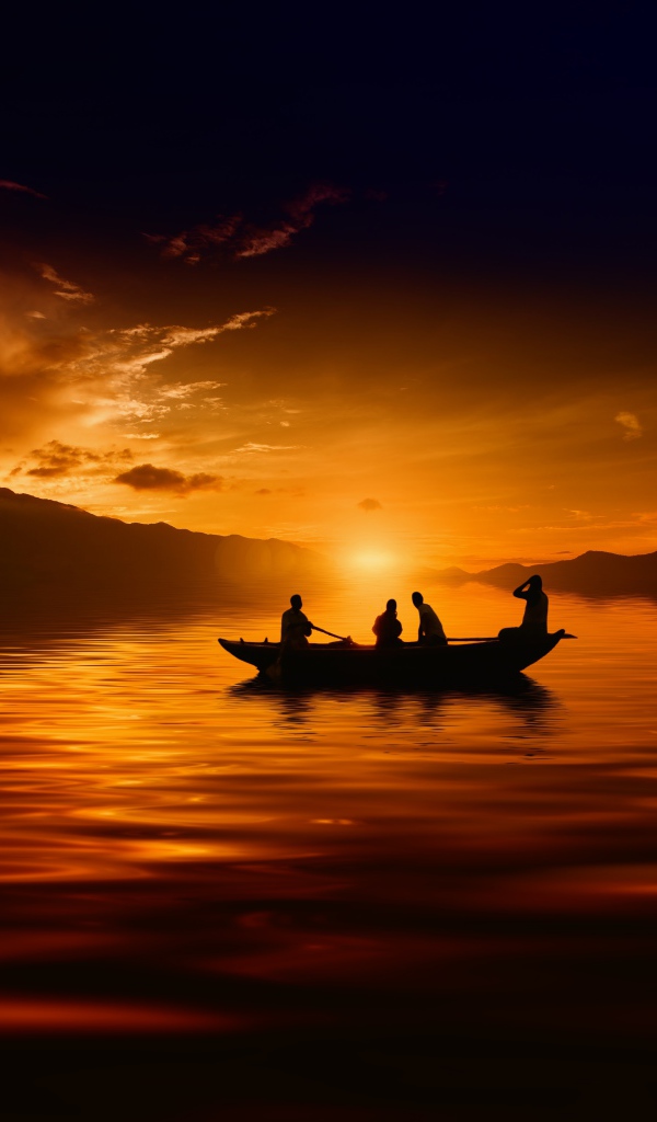 Лодка с людьми на озере на закате