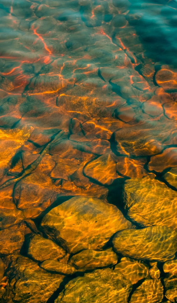Камни на дне озера с чистой водой в лучах солнца