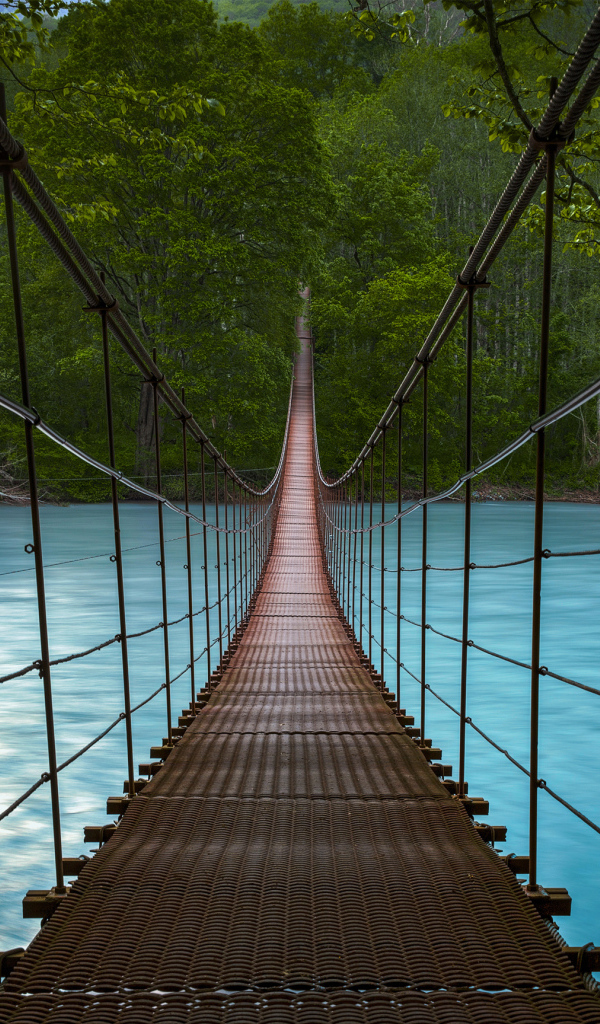 Подвесной мост над быстрой рекой с голубой водой
