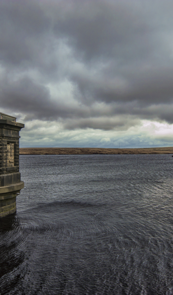 Башня в озере под пасмурным небом