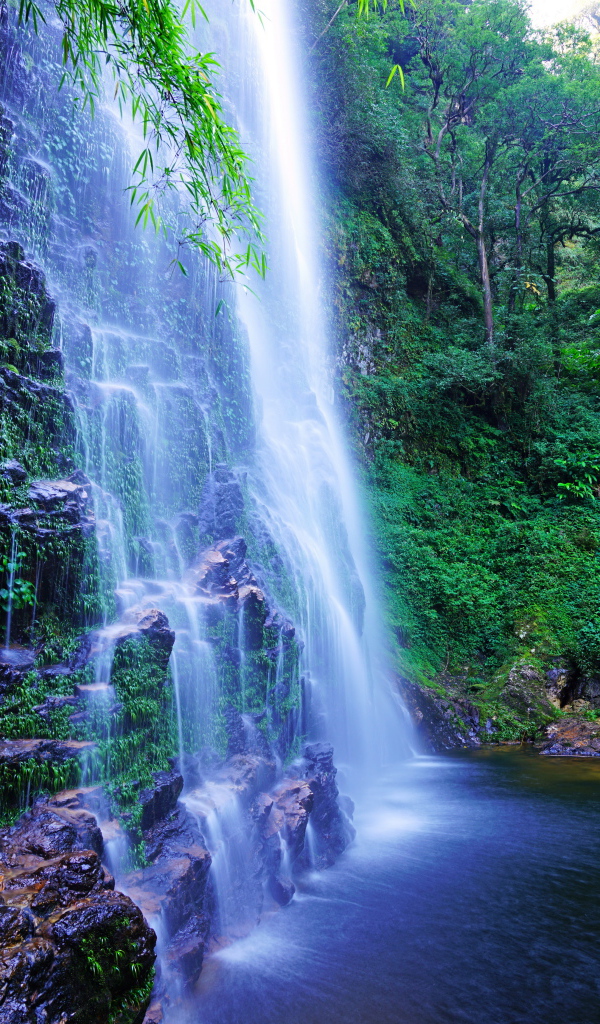 Быстрый водопад стекает по мокрым камням со скалы