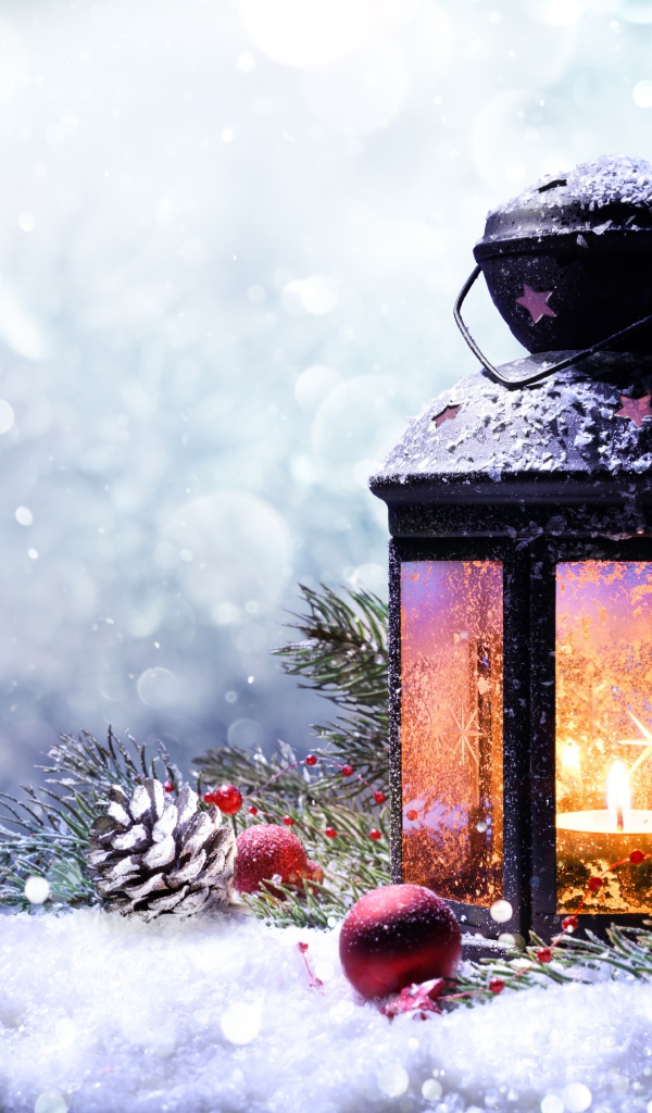 Красивый фонарь со свечой и елочной веткой, шаблон 