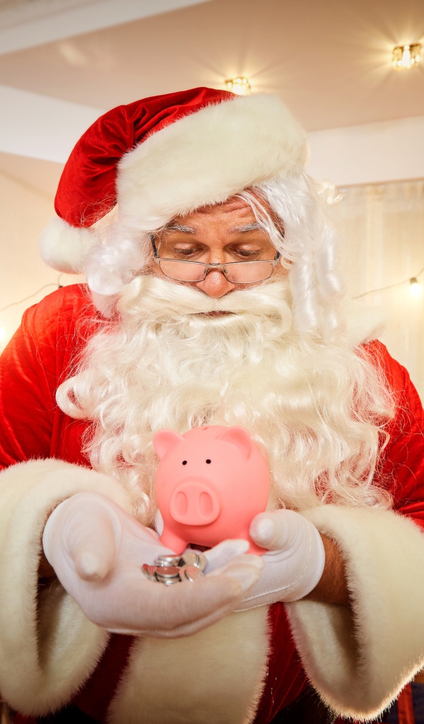 Дед Мороз со свиньей копилкой в руках у новогодней елки