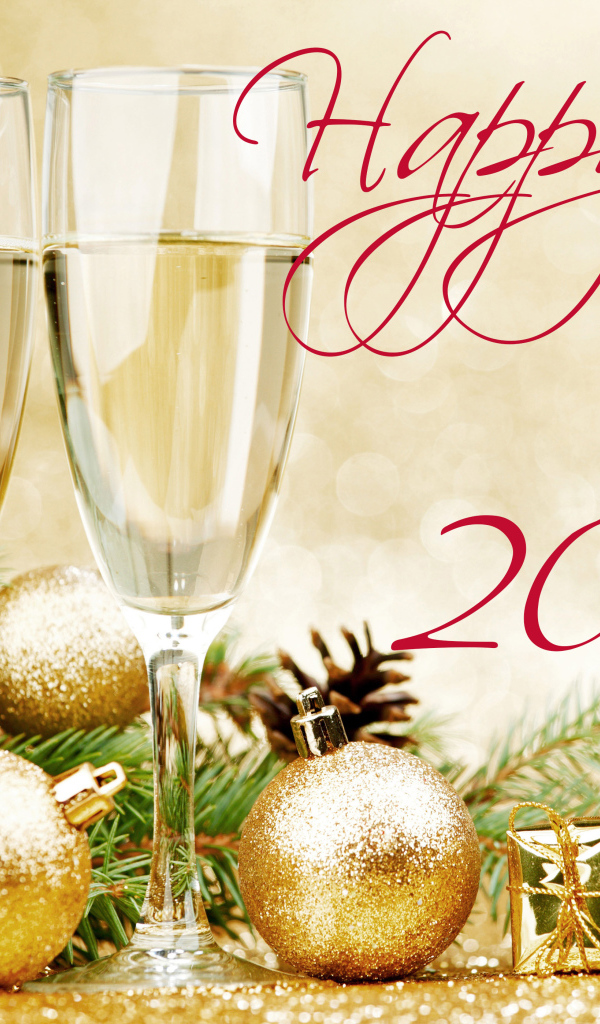 Два бокала шампанского и елочные шары, открытка на новый год 2020 