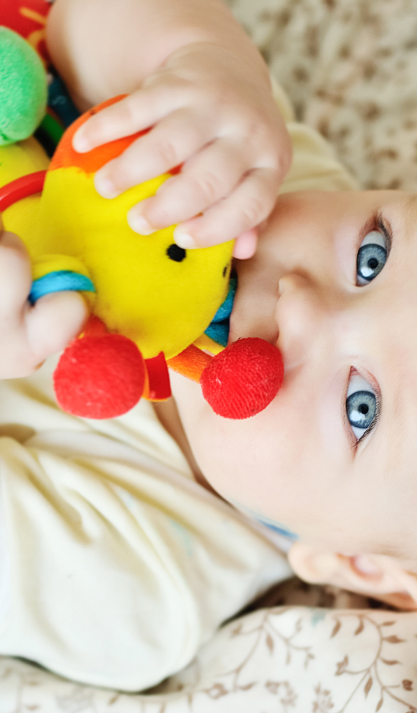 Маленький голубоглазый ребенок грызет игрушку