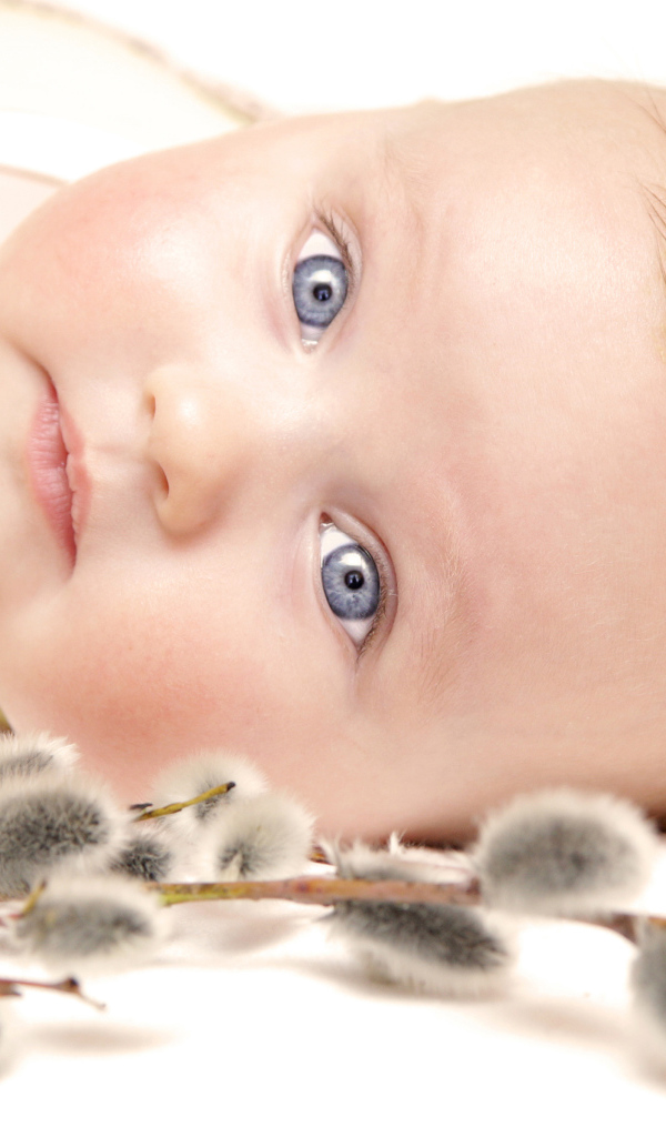 Маленький голубоглазый ребенок с веткой вербы