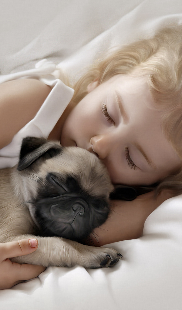Маленькая милая девочка спит со щенком мопса