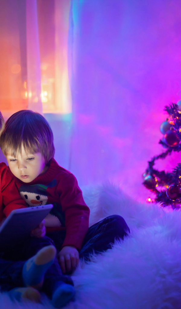 Два маленьких мальчика смотрят мультики у новогодней елки