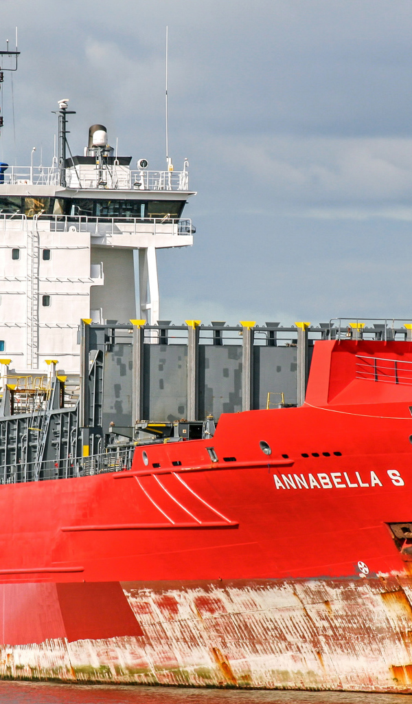 Большой красный контейнеровоз Annabella S на фоне