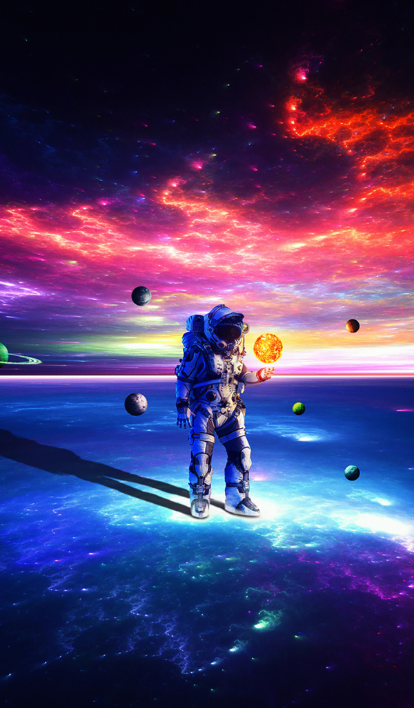 Астронавт на поверхности земли с планетами