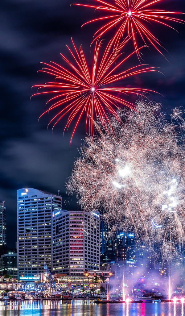 Красивый праздничный салют на фоне ночного города Сидней