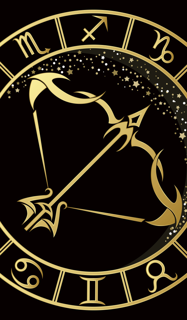 Золотой знак зодиака стрелец на черном фоне