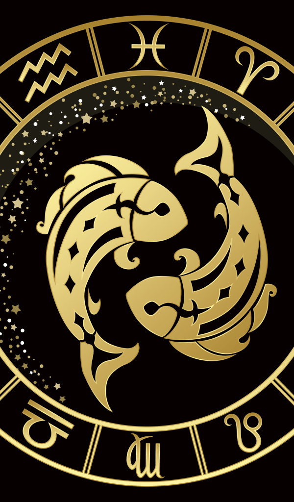 Золотой знак зодиака рыбы на черном фоне