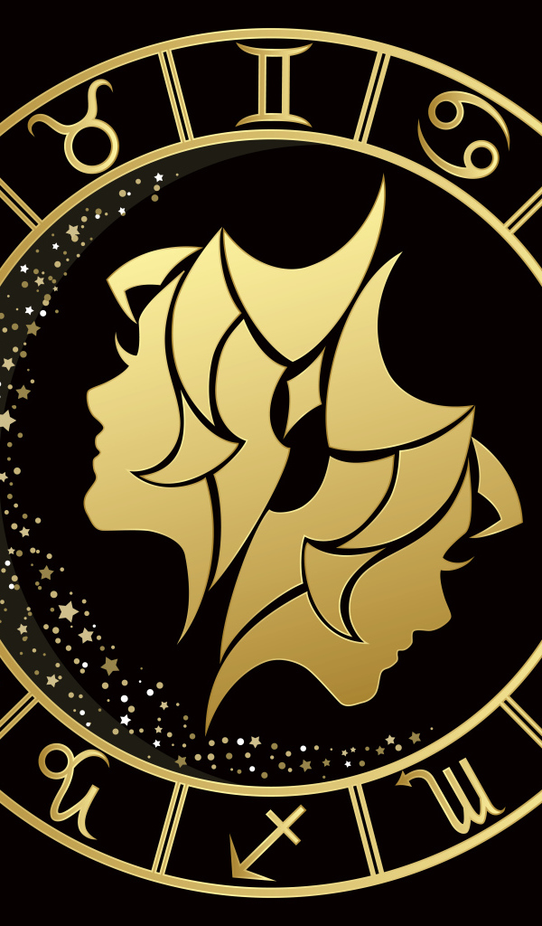 Золотой знак зодиака близнецы на черном фоне