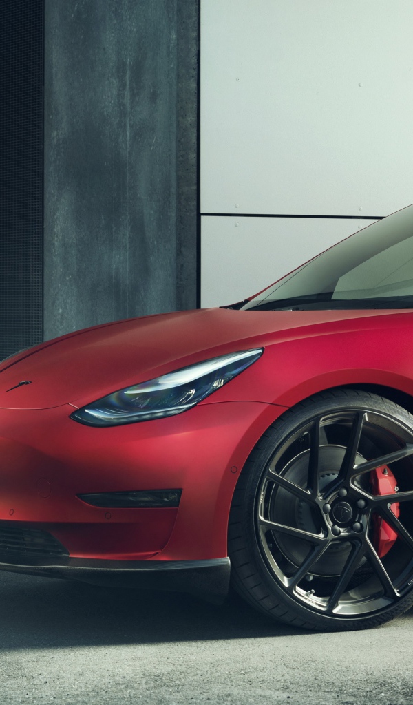 Красный автомобиль Tesla Model 3 2019 года выезжает в гаража