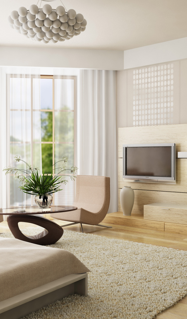 Спальня с журнальным столиком, телевизором и большими окнами