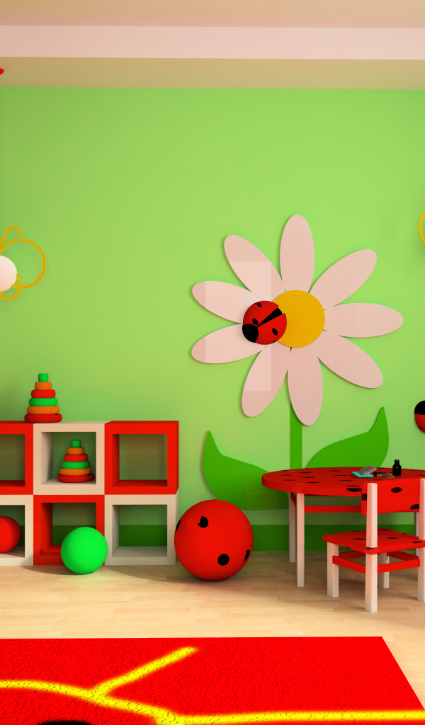 Яркая детская комната с красной мебелью и зелеными стенами