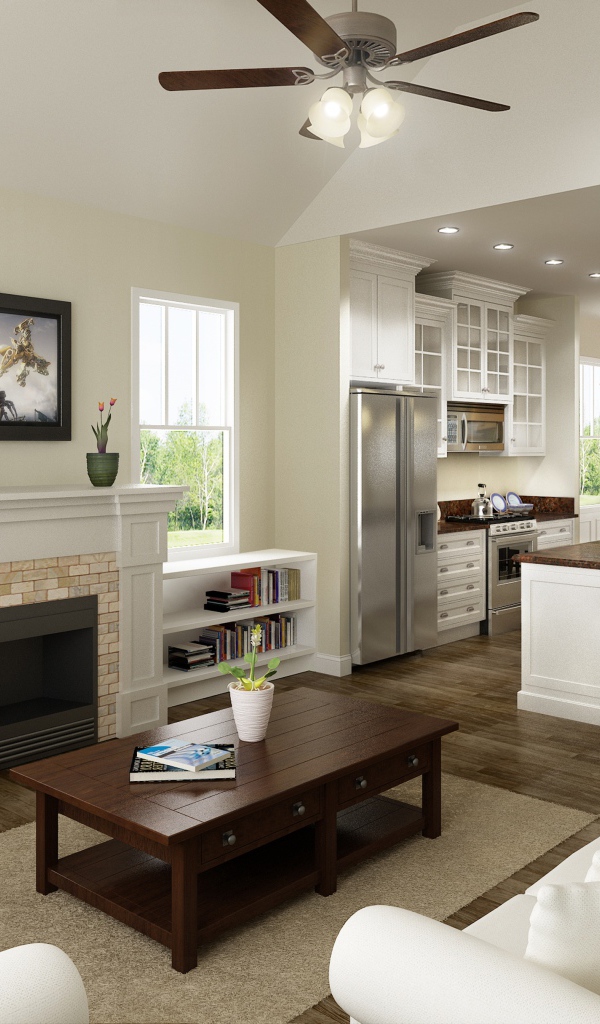 Светлая гостиная комната с кухней 