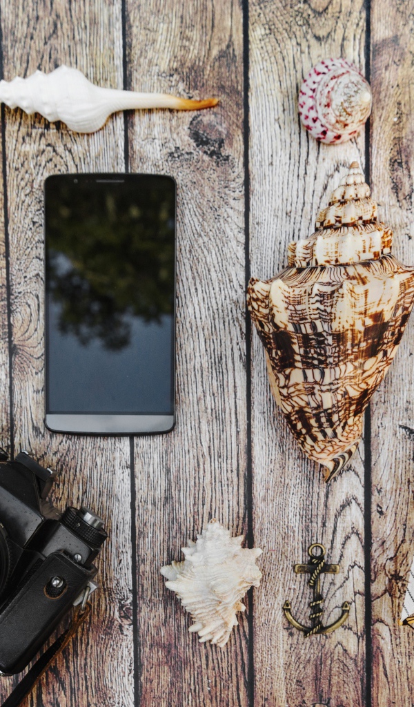 Фотоаппарат, смартфон, ракушки, очки и паспорт на столе