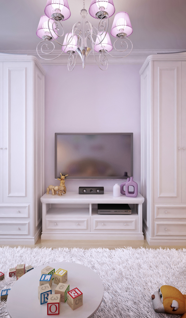 Детская комната с двумя большими белыми шкафами 