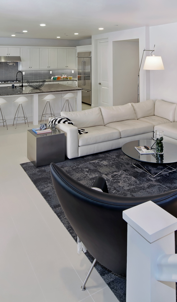 Серая гостиная комната совмещенная с кухней 