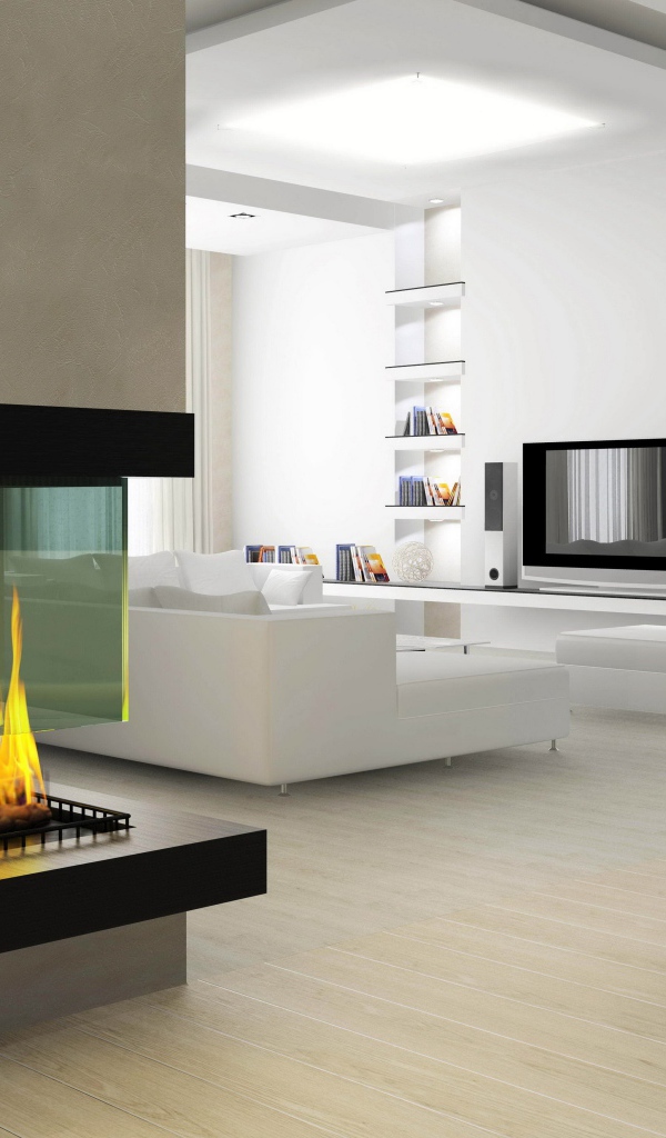 Большая светлая гостиная в стиле модерн с камином