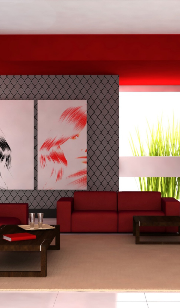 Проект гостиной комнаты с красными кожаными диванами 