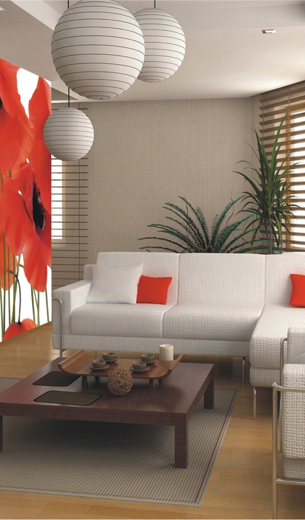 Гостиная комната с диваном и картиной с маками на стене 