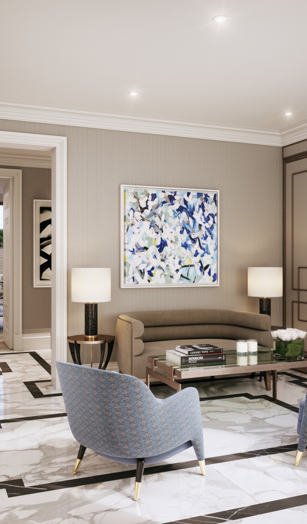 Гостиная с камином  и большой картиной на стене