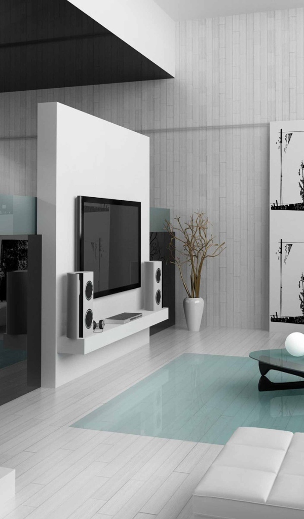 Гостиная комната с зеркальной стеной и белым диваном