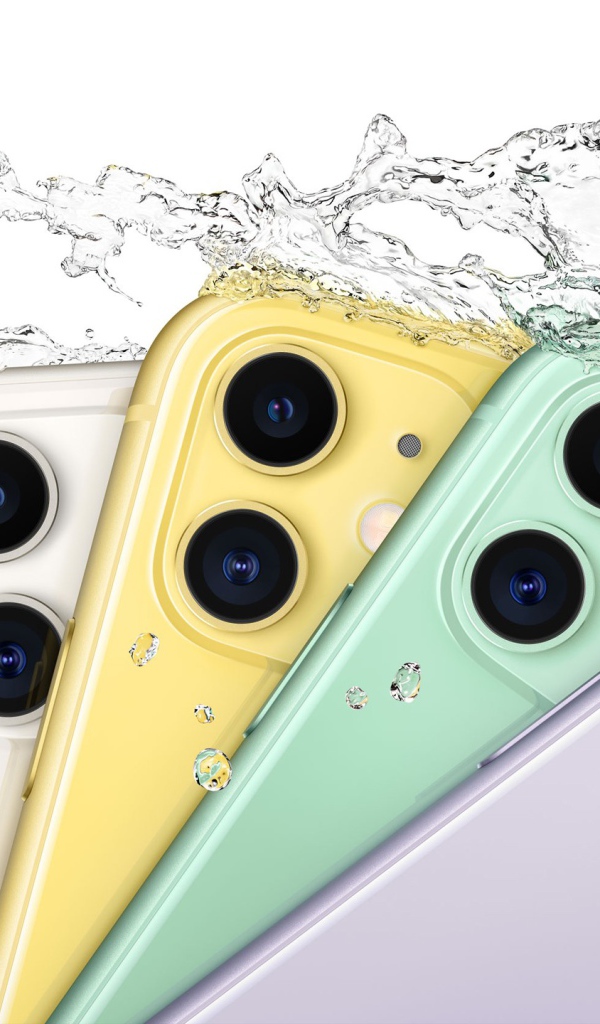 Multi-colored iPhone 11 on a white background in drops of water