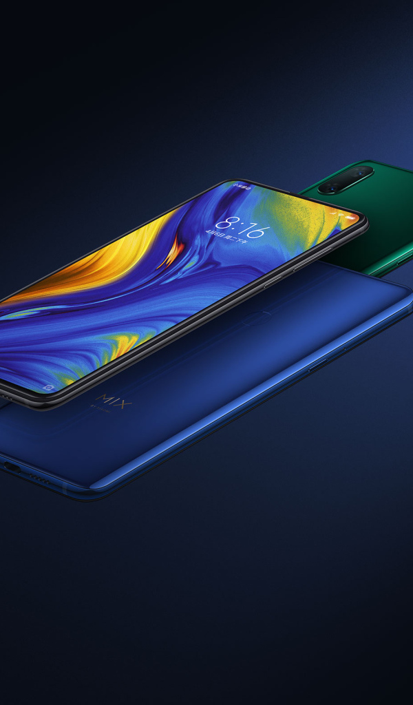 Новый безрамочный смартфон слайдер Xiaomi Mi Mix 3 на синем фоне