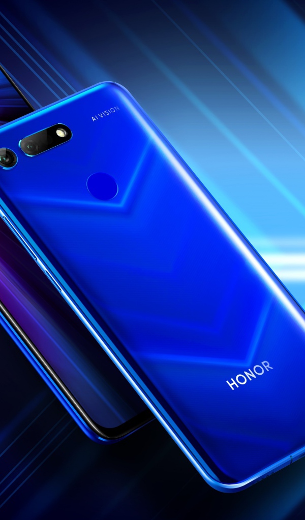 Стильные смартфоны Honor View 20 на синем неоновом фоне